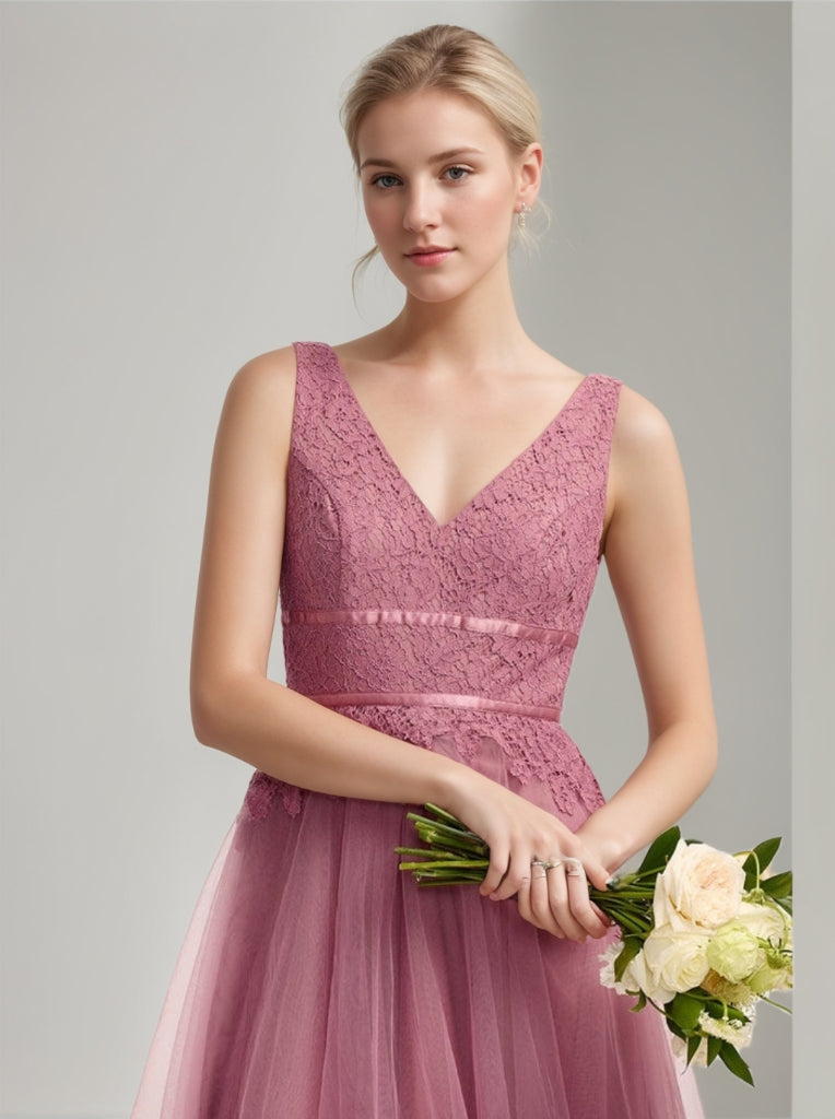 A-Line/Princess V-Neck Sleeveless Ankle-Length Wedding Guest Dresses with Ruffles & Lace Appliques