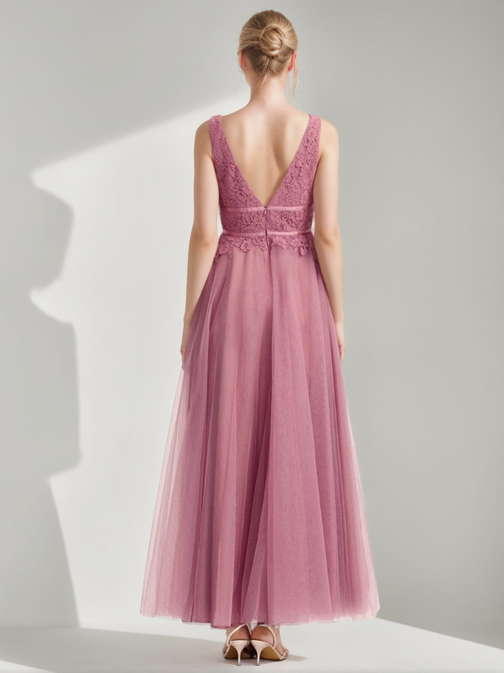 A-Line/Princess V-Neck Sleeveless Ankle-Length Wedding Guest Dresses with Ruffles & Lace Appliques