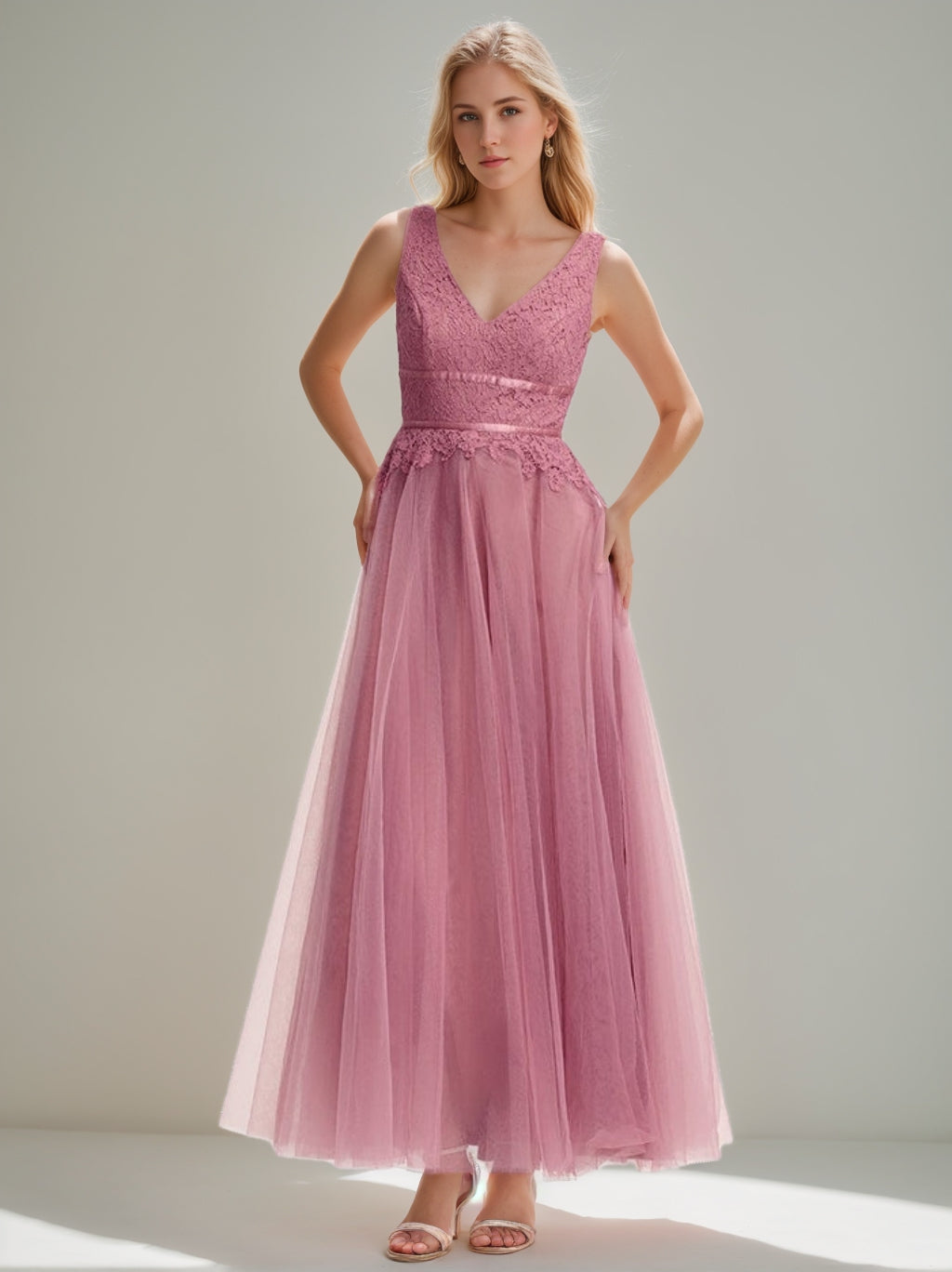 A-Line/Princess V-Neck Sleeveless Ankle-Length Wedding Guest Dresses with Ruffles & Lace Appliques