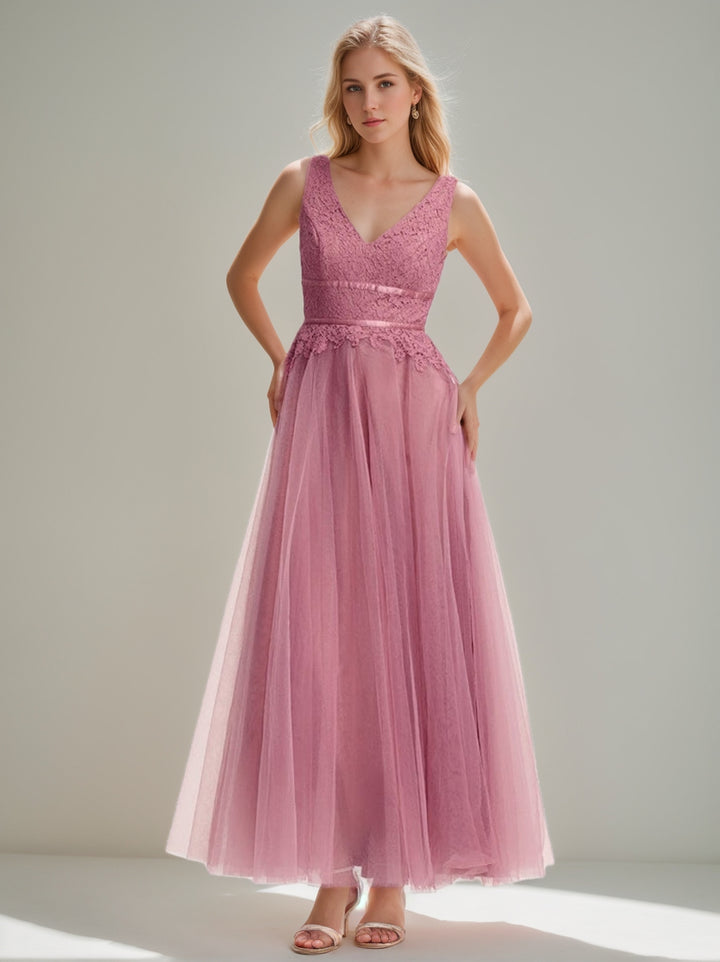 A-Line/Princess V-Neck Sleeveless Ankle-Length Wedding Guest Dresses with Ruffles & Lace Appliques