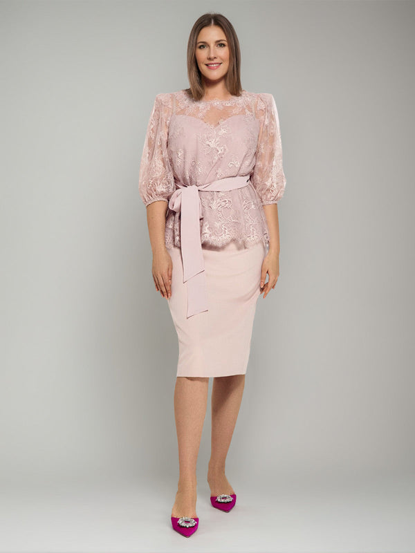 2 Pieces Round Neck Plus Size Half Sleeves Pencil Skirt Mother of the Bride Dresses with Lace & Sash