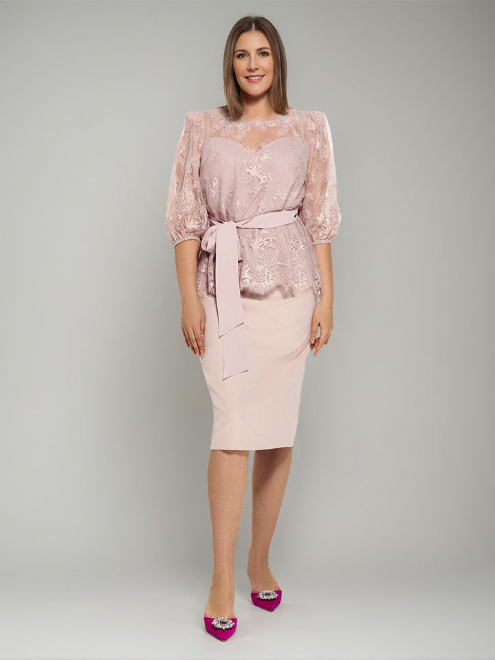 2 Pieces Round Neck Plus Size Half Sleeves Pencil Skirt Mother of the Bride Dresses with Lace & Sash