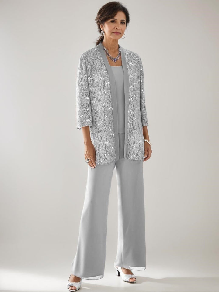 3 Pieces Scoop Neck 3/4 Sleeves Ankle-Length Mother of the Bride Pantsuits with Lace & Sequins & Jacket