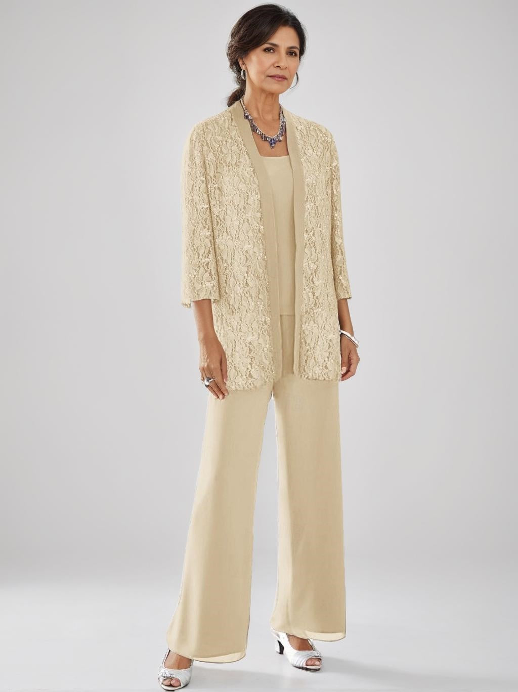 3 Pieces Scoop Neck 3/4 Sleeves Ankle-Length Mother of the Bride Pantsuits with Lace & Sequins & Jacket