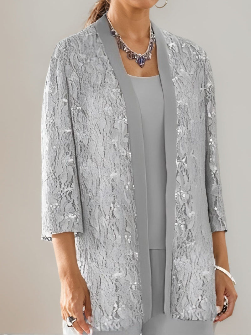 3 Pieces Scoop Neck 3/4 Sleeves Ankle-Length Mother of the Bride Pantsuits with Lace & Sequins & Jacket