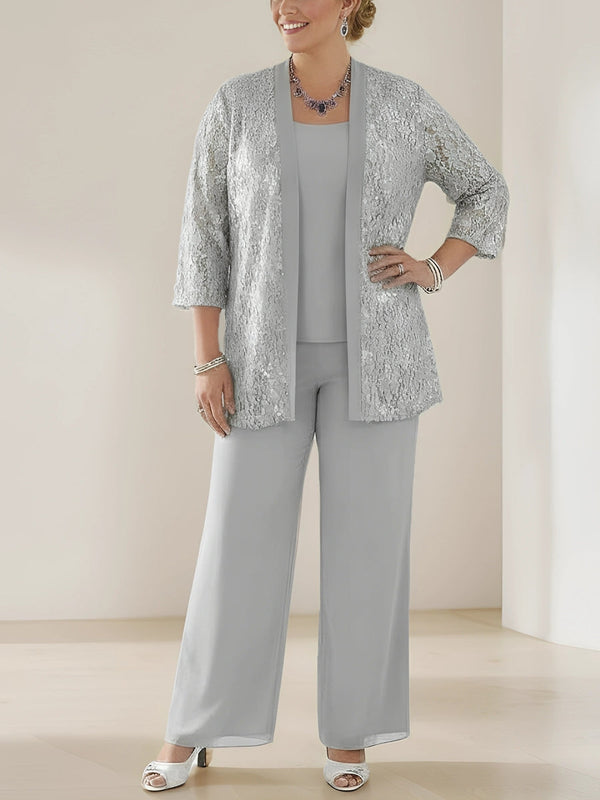 3 Pieces Scoop Neck 3/4 Sleeves Plus Size Mother of the Bride Pantsuits with Lace & Sequins & Jacket Ankle-Length
