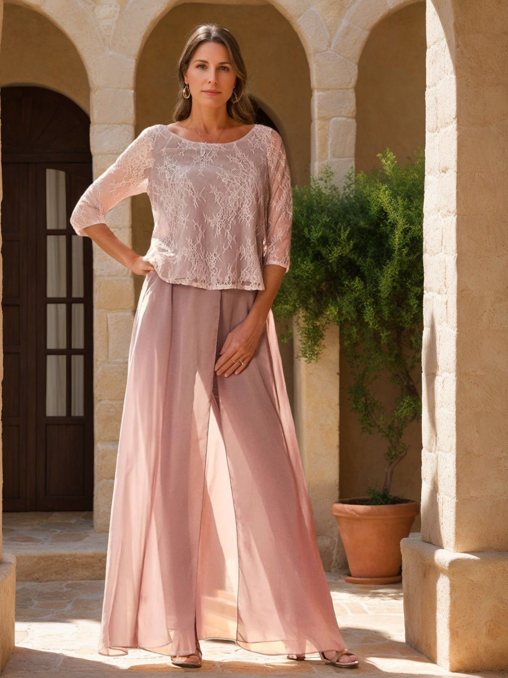 2 Pieces Scoop 3/4 Sleeves Floor-Length Mother of the Bride Pantsuits with Lace Appliques