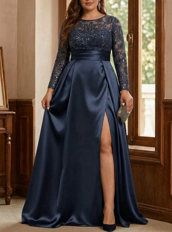 A-Line Scoop Satin Sequin Plus Size Mother of the Bride Dresses Long Sleeves Floor-Length Wedding Guest with Split Side