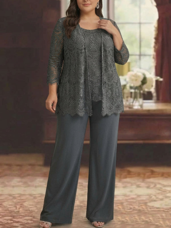 Chiffon Lace Scoop Plus Size Mother of the Bride Pantsuits with Jacket 3/4 Sleeves Ankle-Length