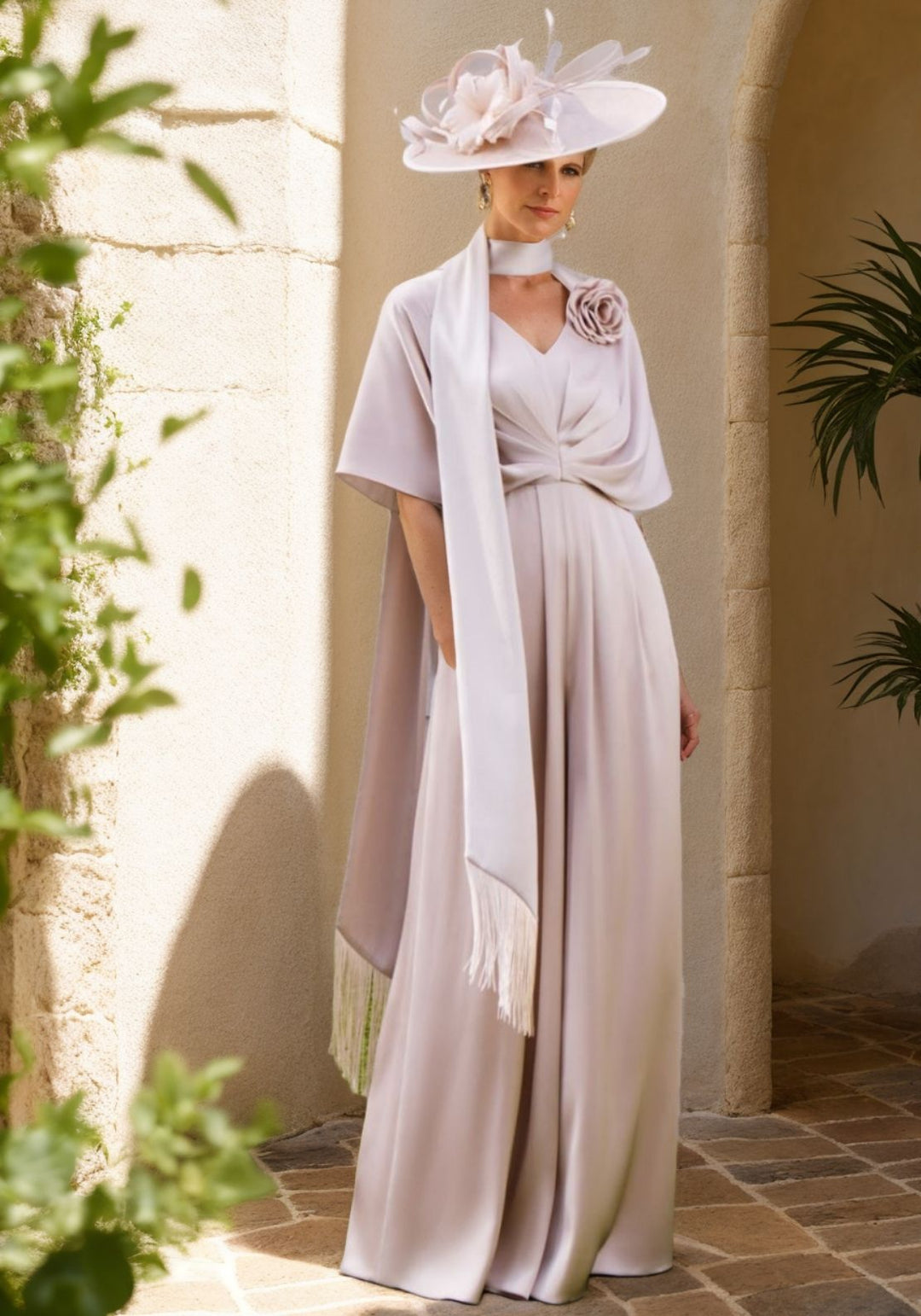 V-Neck Floor-Length Jumpsuit Butterfly Sleeves Mother of the Bride Pantsuits with Neck Tie