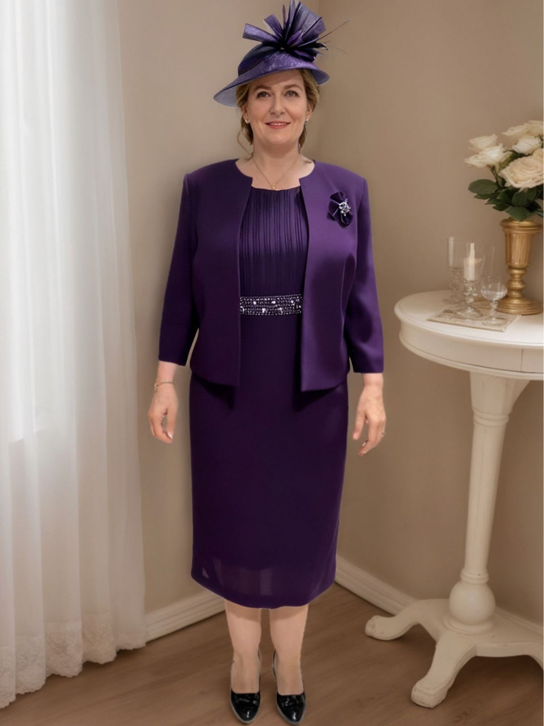 2 Pieces Tea Length Mother of the Bride Dresses with Jacket & Sequins