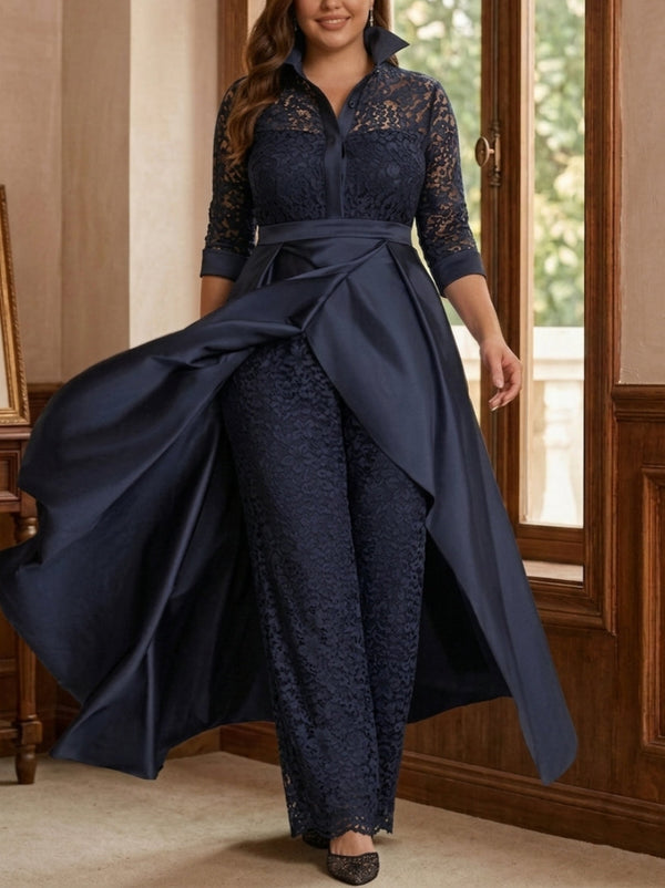 2 Pieces Plus Size Mother of the Bride Pantsuits Lace Shirt Collar 3/4 Sleeves Jumpsuit Ruched Detachable