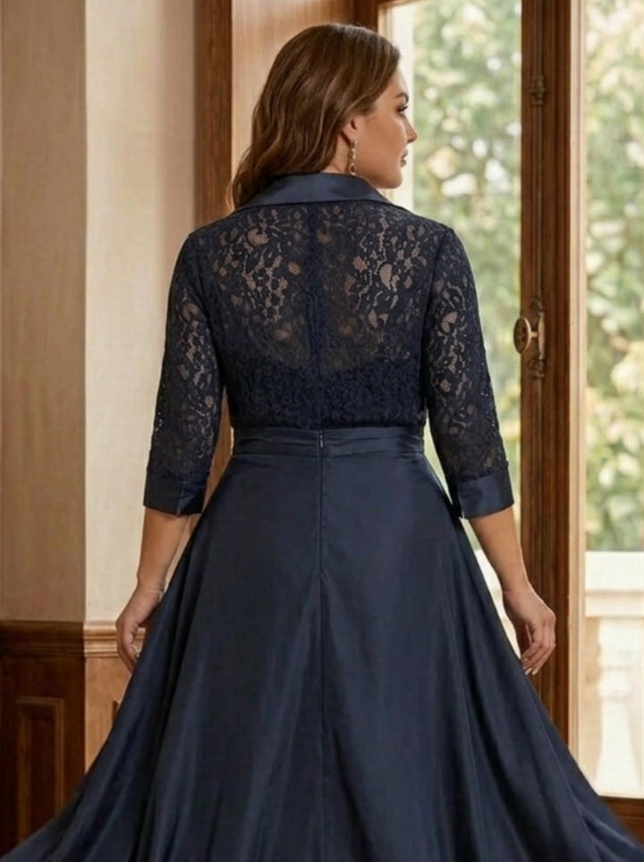 2 Pieces Plus Size Mother of the Bride Pantsuits Lace Shirt Collar 3/4 Sleeves Jumpsuit Ruched Detachable