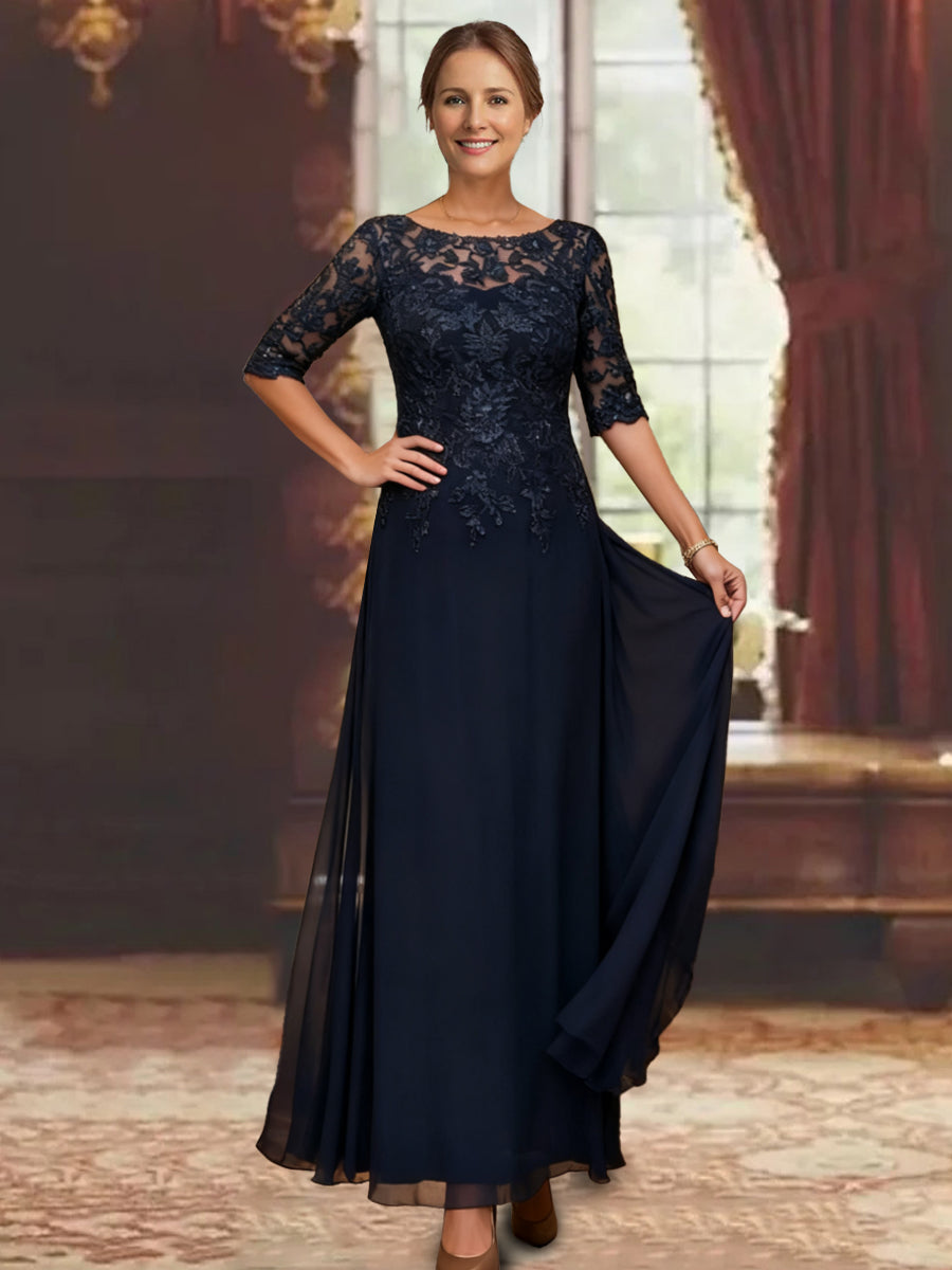 A-Line/Princess Chiffon Scoop Half Sleeves Mother of the Bride Dresses Lace Ankle-Length