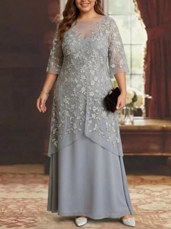 A-Line/Princess Chiffon Lace Plus Size Mother of the Bride Dresses Ankle-Length Half Sleeves Floral