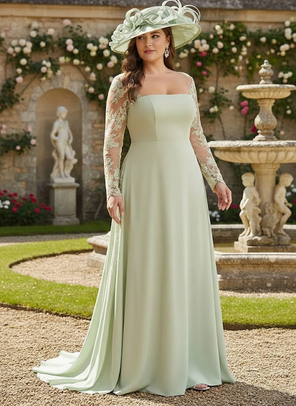 Trumpet/Mermaid Stretch Satin Plus Size Mother of the Bride Dresses Square Collar Long Sleeves Floor-Length Lace Appliques