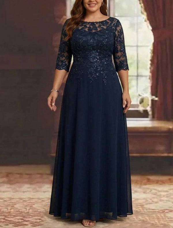 A-Line/Princess Chiffon Scoop Plus Size Mother of the Bride Dresses Half Sleeves Lace Ankle-Length
