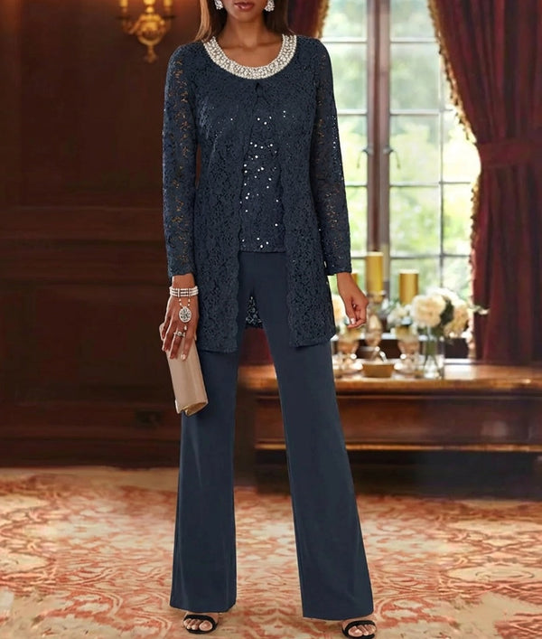 3 Pieces Chiffon Jewel Neck Mother of the Bride Pantsuits with Jacket Lace Ankle-Length Half Sleeves