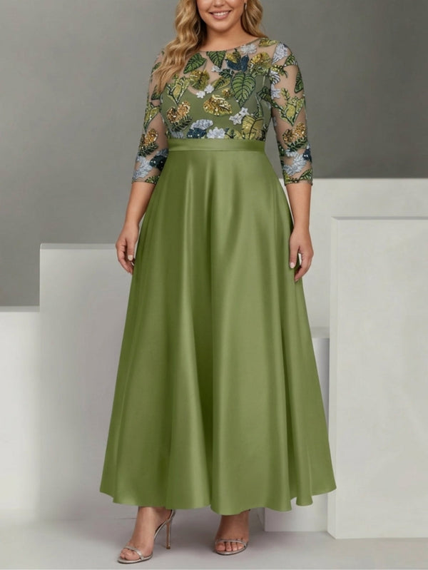 A-Line/Princess Satin Scoop Plus Size Mother of the Bride Dresses 3/4 Sleeves Ankle-Length Floral Sequins
