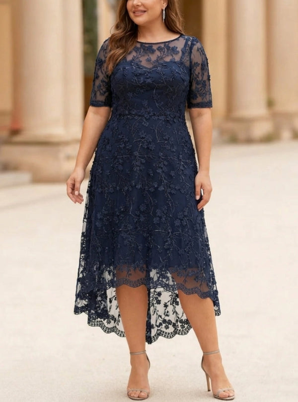A-Line/Princess Scoop Lace Plus Size Mother of the Bride Dresses Tea-Length Half Sleeves
