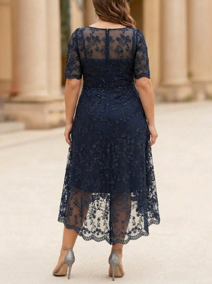 A-Line/Princess Scoop Lace Plus Size Mother of the Bride Dresses Tea-Length Half Sleeves