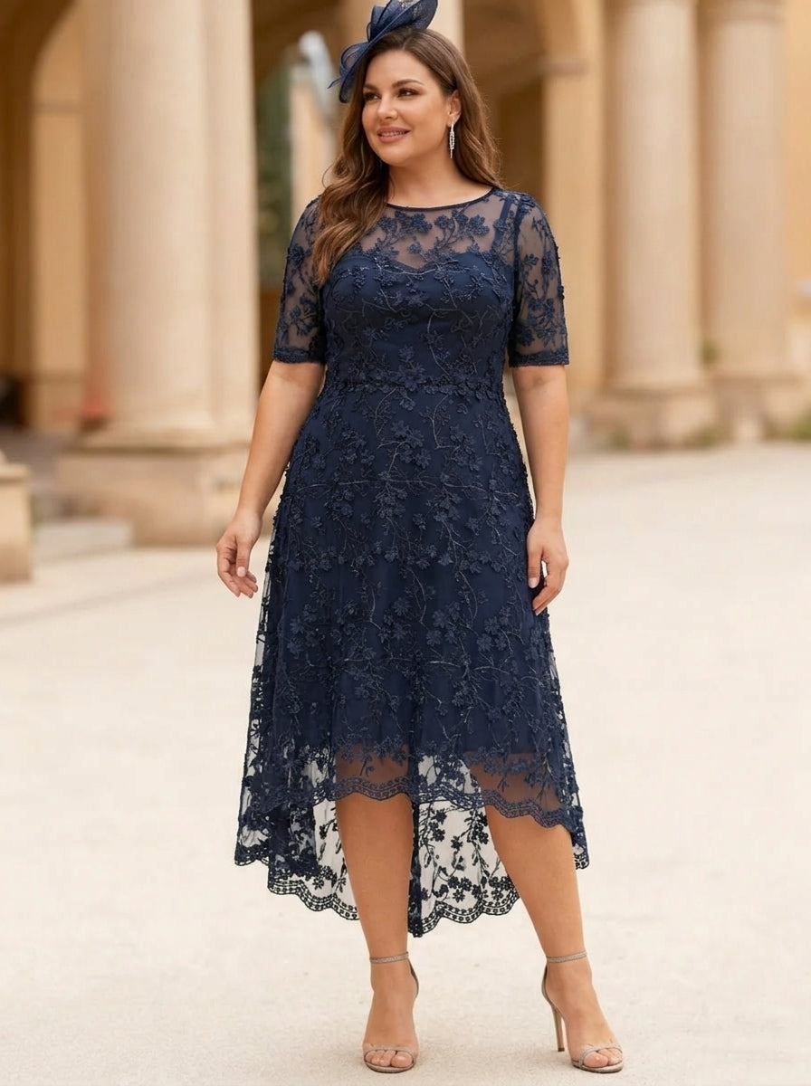A-Line/Princess Scoop Lace Plus Size Mother of the Bride Dresses Tea-Length Half Sleeves
