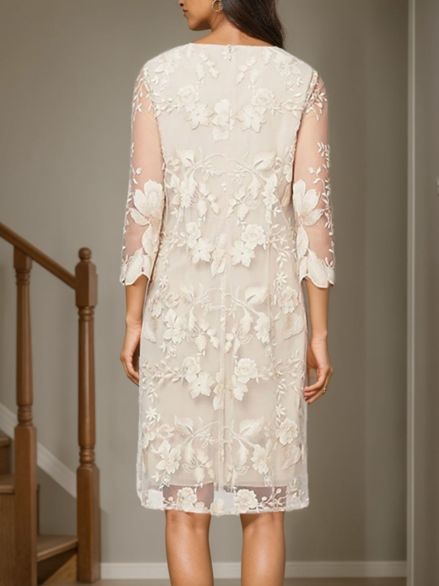 Sheath/Column 2 Pieces Scoop Mother of the Bride Dresses Chiffon Knee-Length Lace 3/4 Sleeves Cocktail Dress