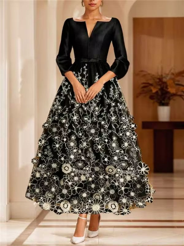 A-Line/Princess V-Neck Satin Mother of the Bride Dresses 3/4 Length Sleeves Ankle-Length Floral Lace