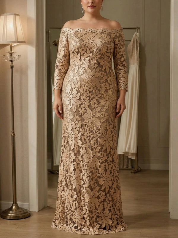 Sheath/Column Off-the-Shoulder Lace Plus Size Mother of the Bride Dresses 3/4 Sleeves Floor-Length