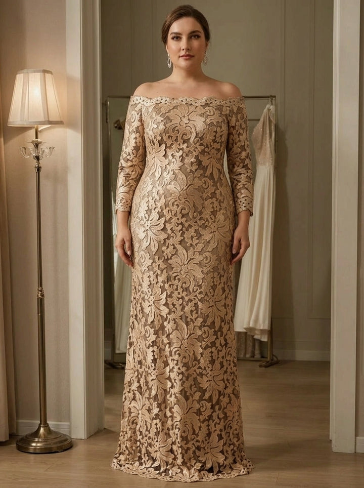 Sheath/Column Off-the-Shoulder Lace Plus Size Mother of the Bride Dresses 3/4 Sleeves Floor-Length