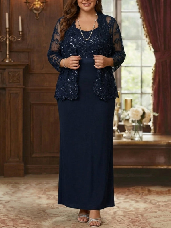 Sheath/Column Scoop Chiffon Plus Size Mother of the Bride Dresses with Jacket Lace Ankle-Length Long Sleeves