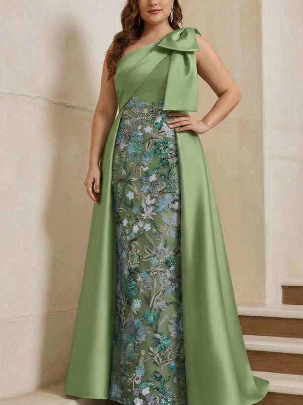 Sheath/Column One-Shoulder Satin Plus Size Mother of the Bride Dresses with Overskirt Sleeveless Floor-Length Bow