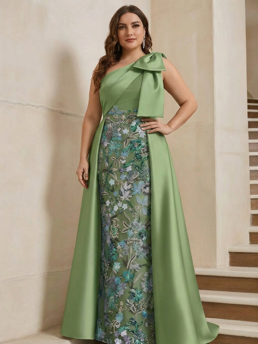 Sheath/Column One-Shoulder Satin Plus Size Mother of the Bride Dresses with Overskirt Sleeveless Floor-Length Bow