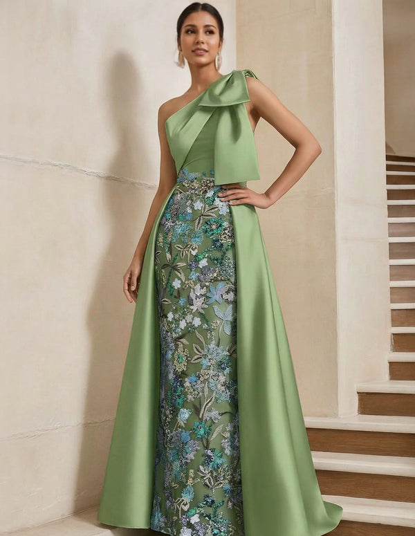 Sheath/Column One-Shoulder Satin Mother of the Bride Dresses with Overskirt Sleeveless Floor-Length Bow