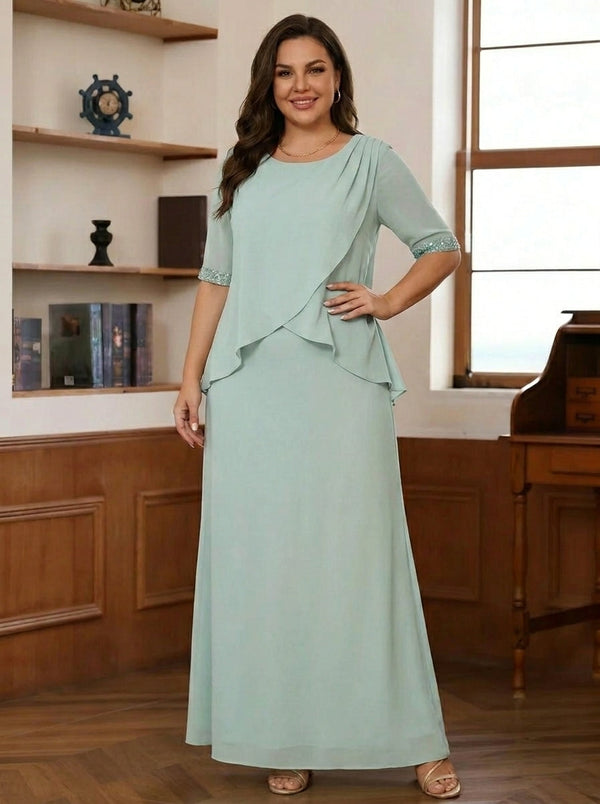 Sheath/Column Scoop Chiffon Plus Size Mother of the Bride Dresses Ankle-Length Half Sleeves Sequins Ruched