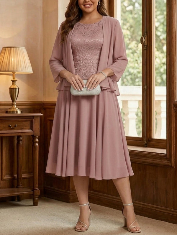 A-Line/Princess Scoop Chiffon Plus Size Mother of the Bride Dresses with Jacket Tea-Length Long Sleeves Lace