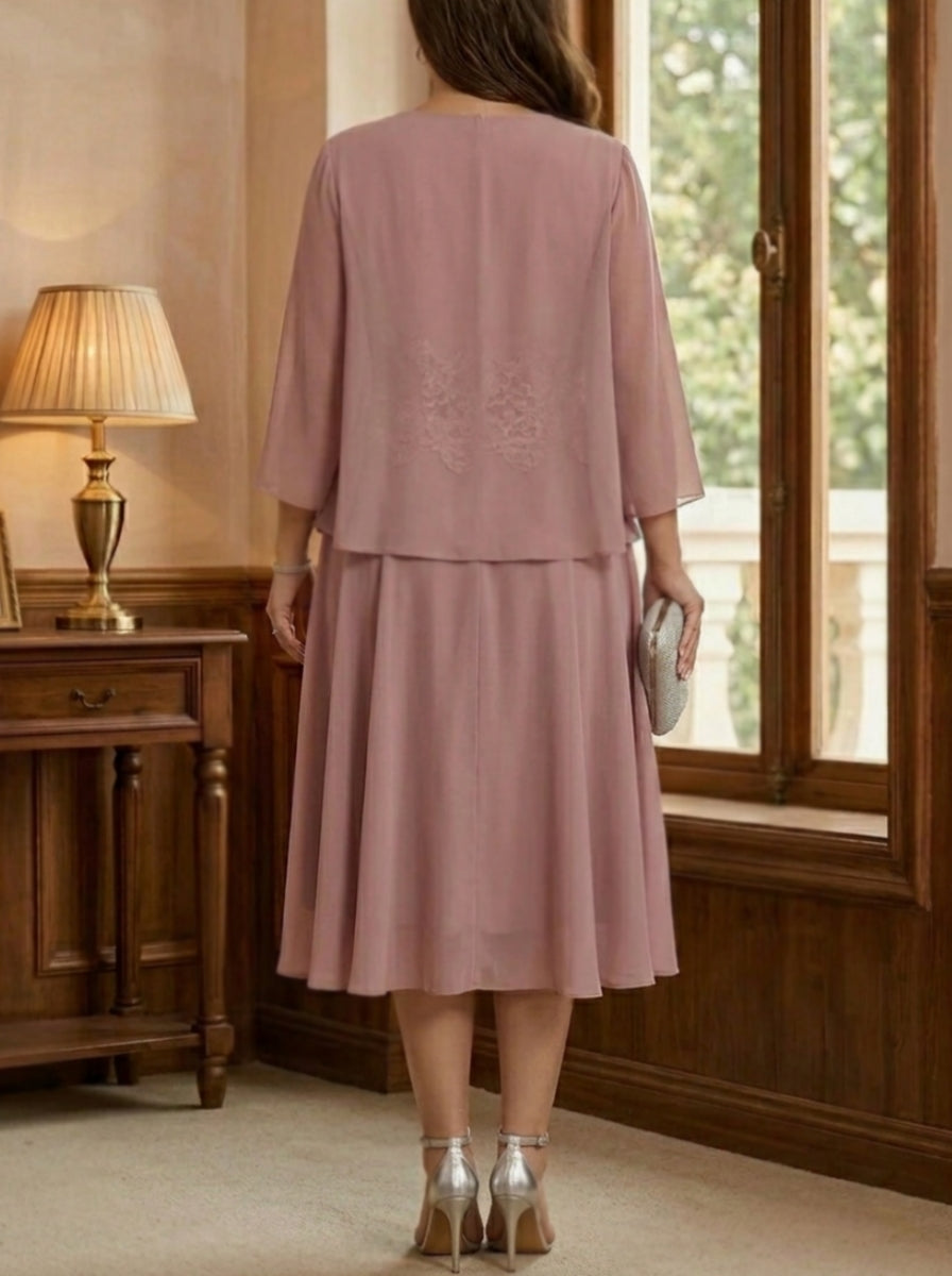 A-Line/Princess Scoop Chiffon Plus Size Mother of the Bride Dresses with Jacket Tea-Length Long Sleeves Lace