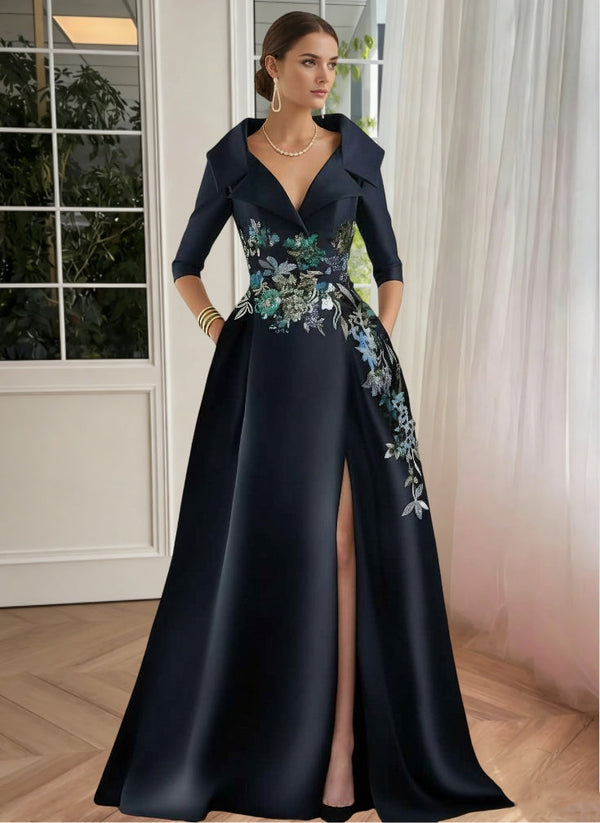 A-Line/Princess Shirt Collar Satin Mother of the Bride Dresses Half Sleeves Floral Sequins Lace Floor-Length with Split Side
