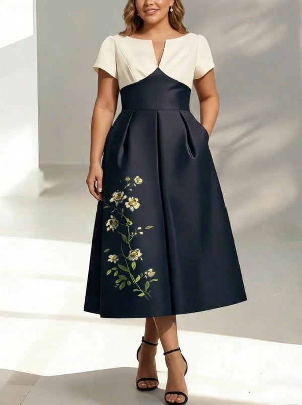 A-Line/Princess V-Neck Satin Plus Size Mother of the Bride Dresses Short Sleeves Floral Tea-Length Appliques