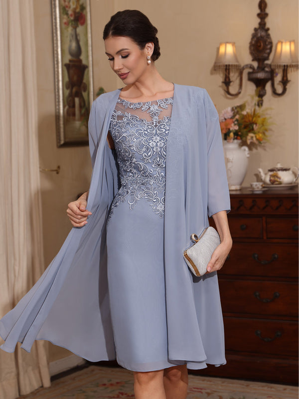 2 Pieces Sheath/Column Scoop Chiffon Mother of the Bride Dresses with Jacket Lace Knee-Length 3/4 Sleeves