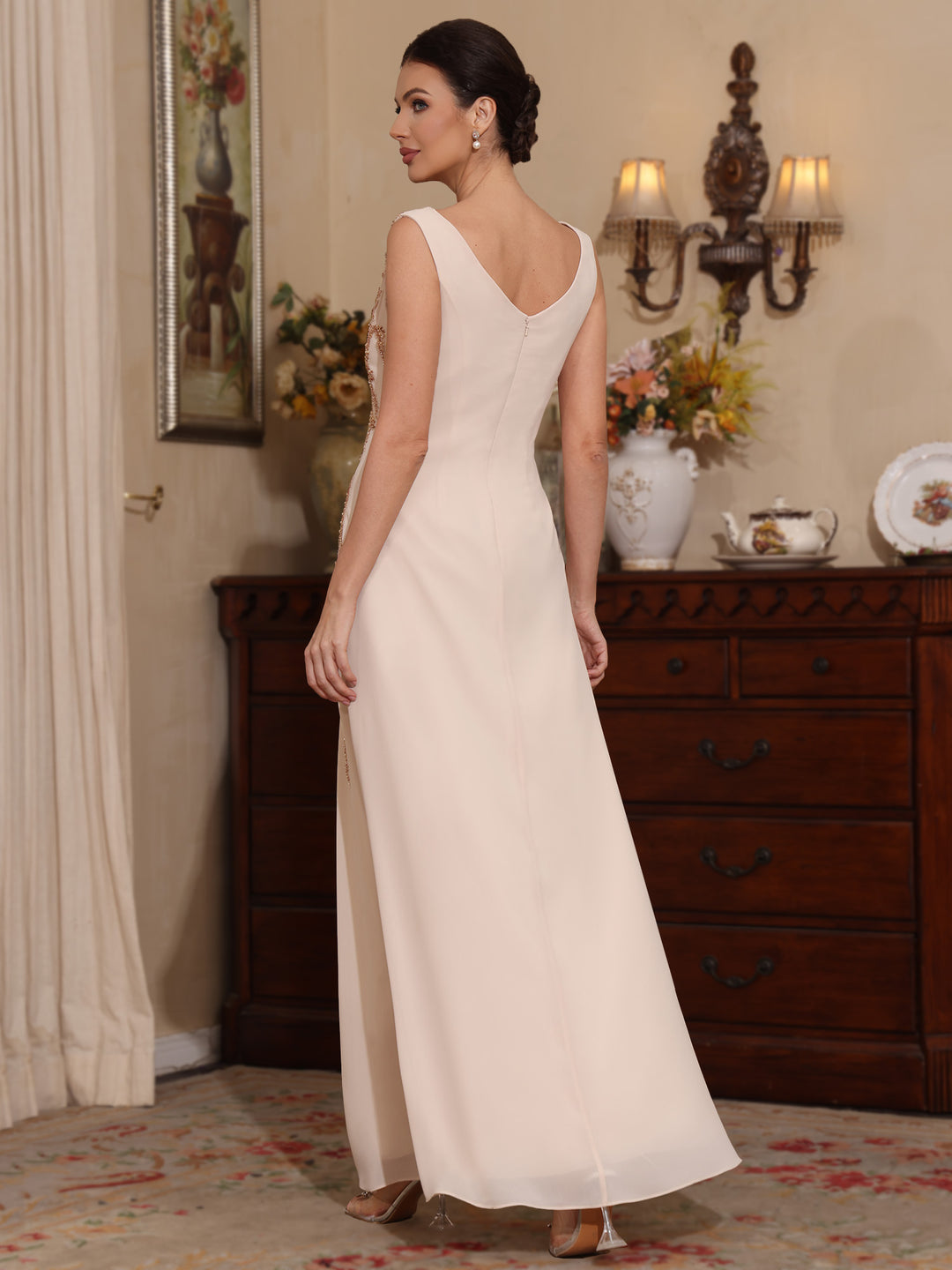 2 Pieces A-Line/Princess V-Neck Chiffon Mother of the Bride Dresses with Jacket Sequins Ankle-Length Long Sleeves