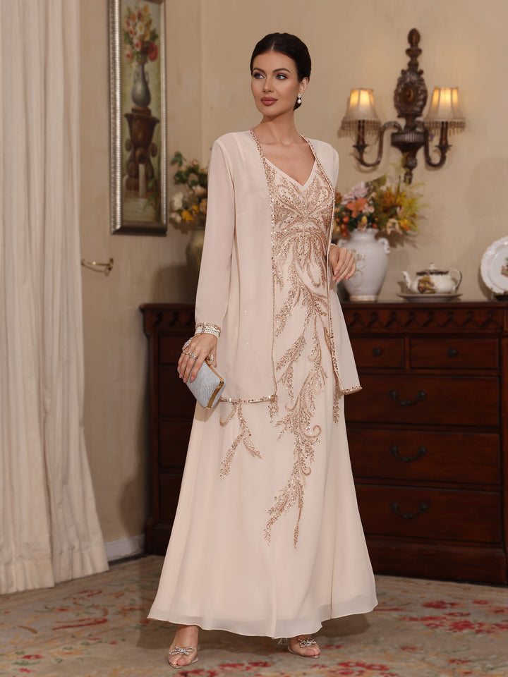 2 Pieces A-Line/Princess V-Neck Chiffon Mother of the Bride Dresses with Jacket Sequins Ankle-Length Long Sleeves