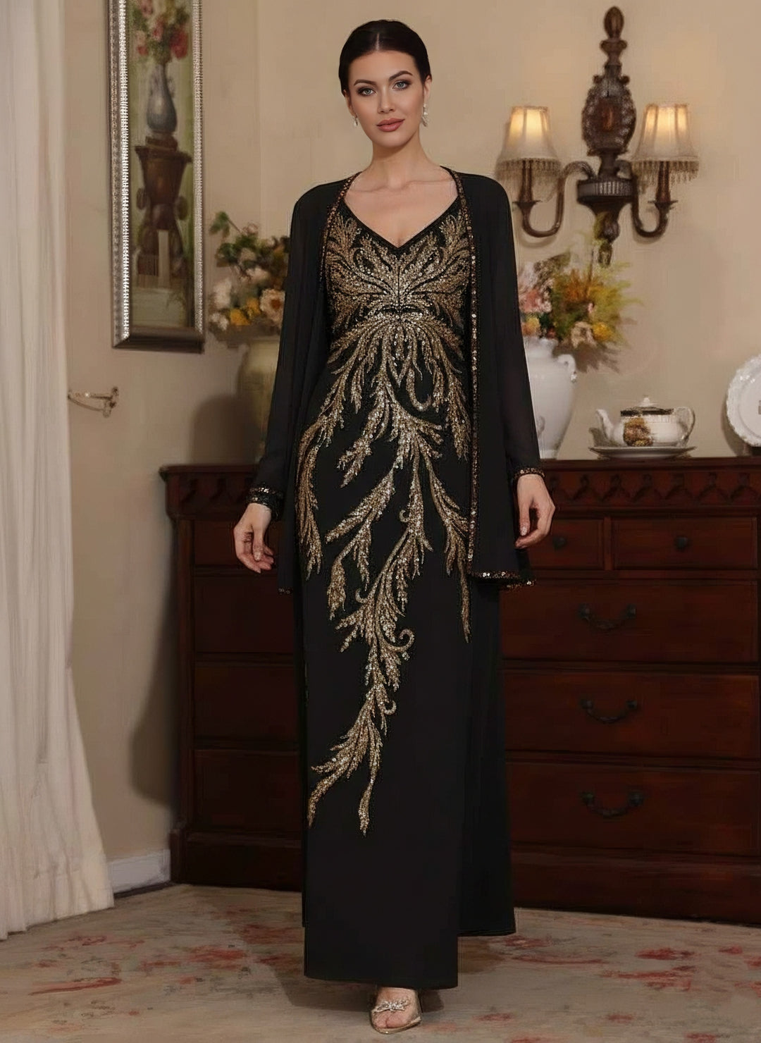 2 Pieces A-Line/Princess V-Neck Chiffon Mother of the Bride Dresses with Jacket Sequins Ankle-Length Long Sleeves