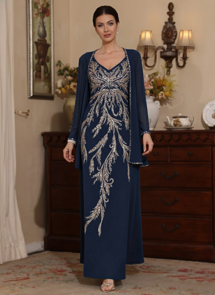 2 Pieces A-Line/Princess V-Neck Chiffon Mother of the Bride Dresses with Jacket Sequins Ankle-Length Long Sleeves