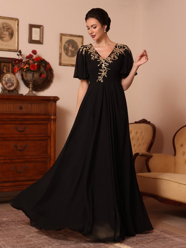 A-Line/Princess V-Neck Chiffon Mother of the Bride Dresses Appliques Floor-Length Short Sleeves Ruffles