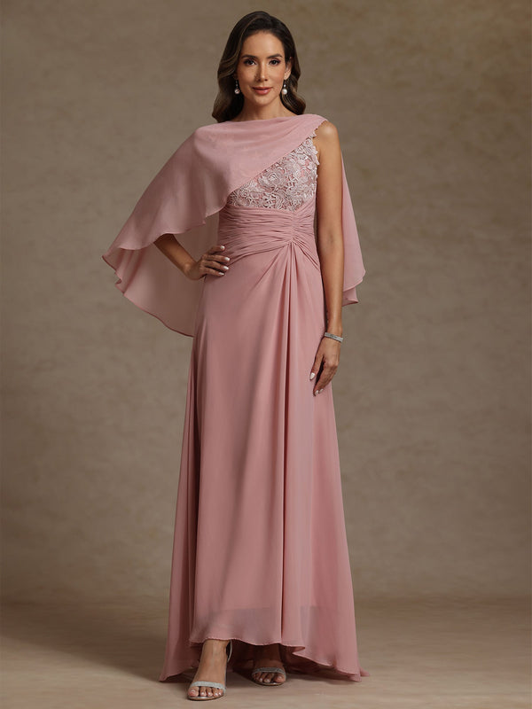 A-Line/Princess Scoop Chiffon Mother of the Bride Dresses with Wrap Lace Floor-Length Ruched Sleeveless