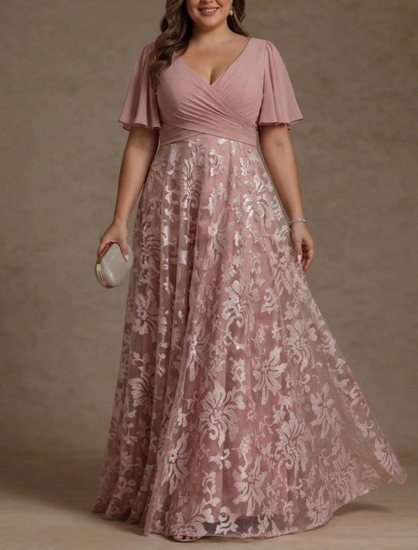 A-Line/Princess V-Neck Plus Size Mother of the Bride Dresses Short Sleeves Chiffon Lace Floor-Length Floral Ruched
