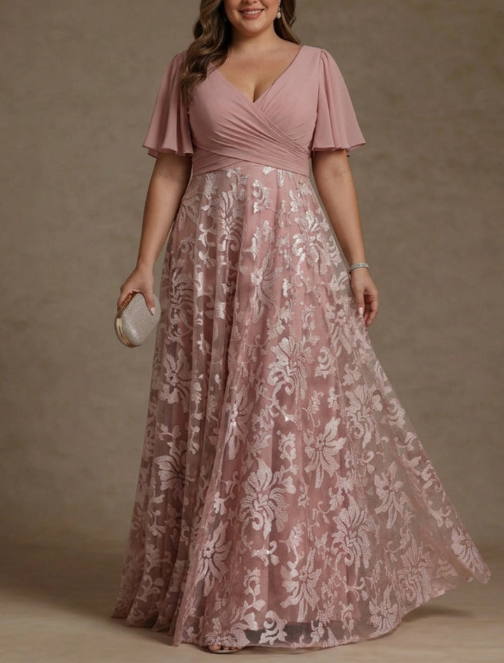A-Line/Princess V-Neck Plus Size Mother of the Bride Dresses Short Sleeves Chiffon Lace Floor-Length Floral Ruched
