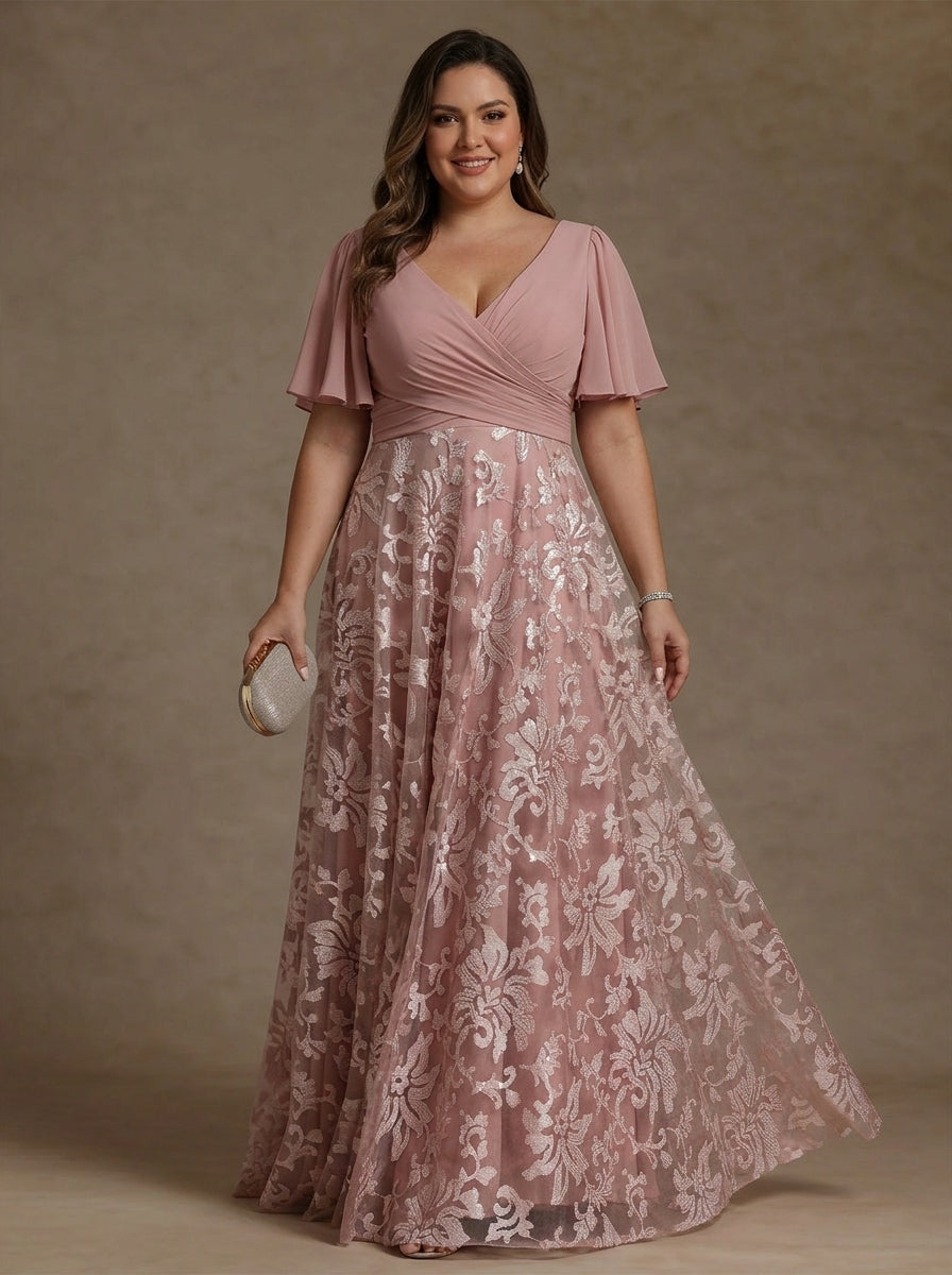A-Line/Princess V-Neck Plus Size Mother of the Bride Dresses Short Sleeves Chiffon Lace Floor-Length Floral Ruched