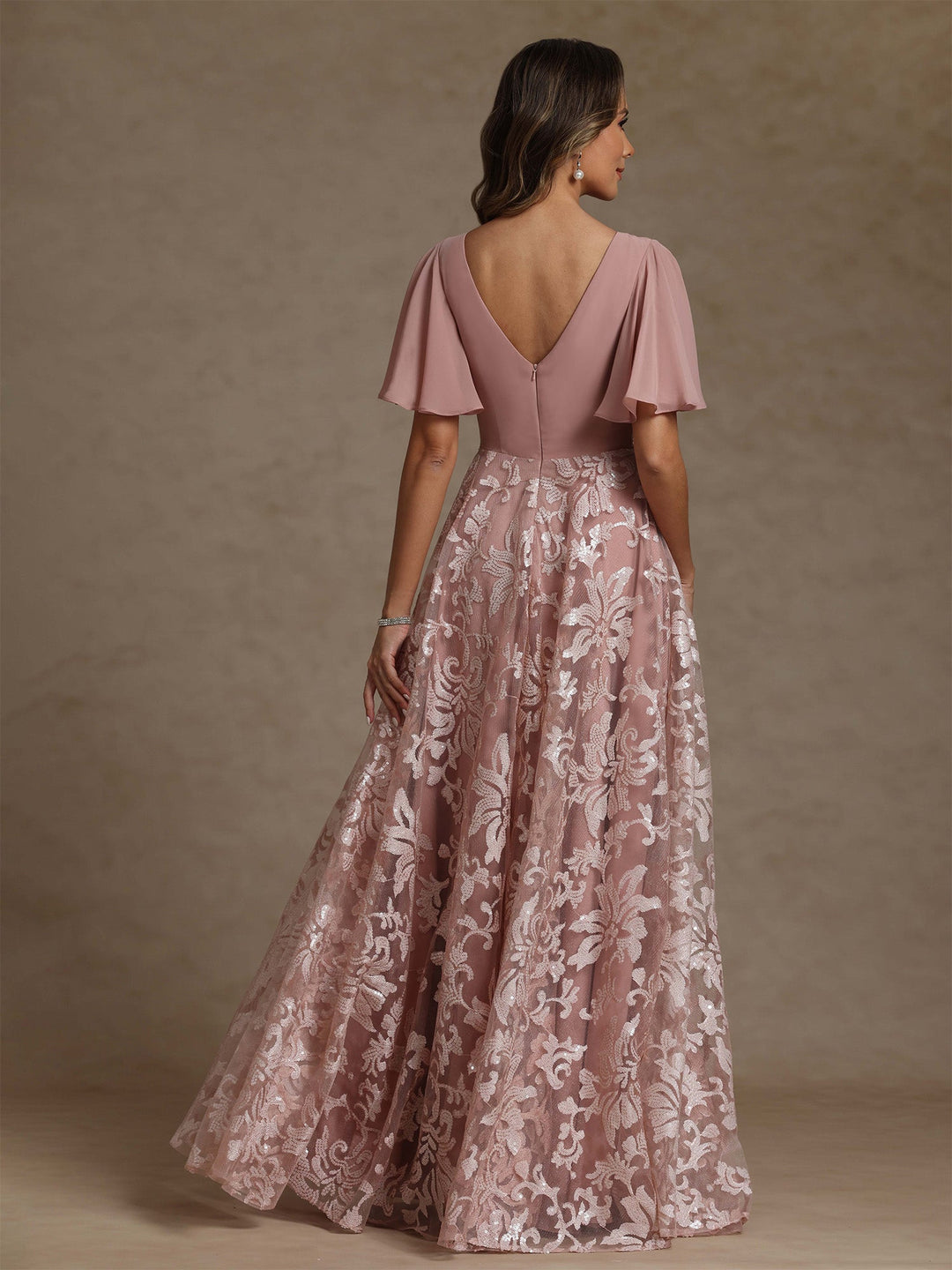 A-Line/Princess V-Neck Mother of the Bride Dresses Short Sleeves Chiffon Lace Floor-Length Ruched